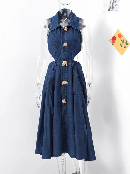 lovwvol  -  Sexy Hollow Out Denim Dresses Women Single-breasted Solid Sleeveless Lapel Split A-line Long Dress Female Summer Lady Robe