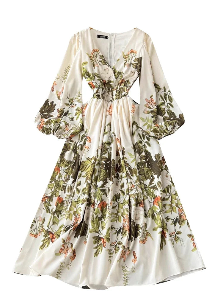 lovwvol Spring Autumn Elegant Long Dress Women A Line Slim Long Sleeve V Neck Floral Dresses Ladies Vintage Party Long Robe Vestidos