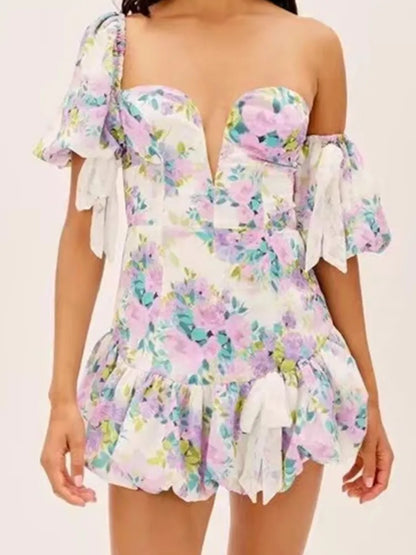 Retro Women Spliced Bow Bandage Floral Print Mini Dress Sexy Short Lantern sleeve One Shoulder Party Dresses