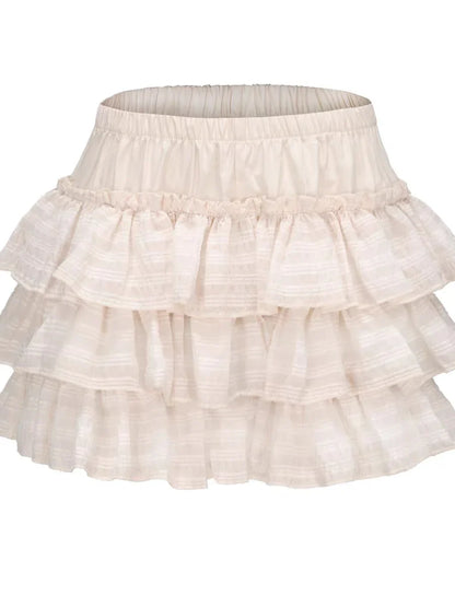 Kawaii Ruffle Skirt Women Coquette Cute Lolita High Waist A-line Bow Lace Fairycore Mesh Mini Skirt Summer Mori Girl