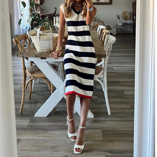 New Casual Bohemian Party Dresses Fashion V-neck Striped Short Sleeved Summer Dress Women Elegant Loose Side Slit Office Dress