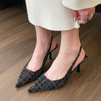 Fashion Stripes Plaid High Heels Pumps Women Pointed Toe Slingbacks Party Shoes Woman 2023 Spring Summer Thin Heeled Sandals