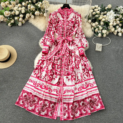 lovwvol Spring Runway Blue And White Porcelain Dress Women's Stand Long Lantern Sleeve Flower Print Lace Up Beach Robe