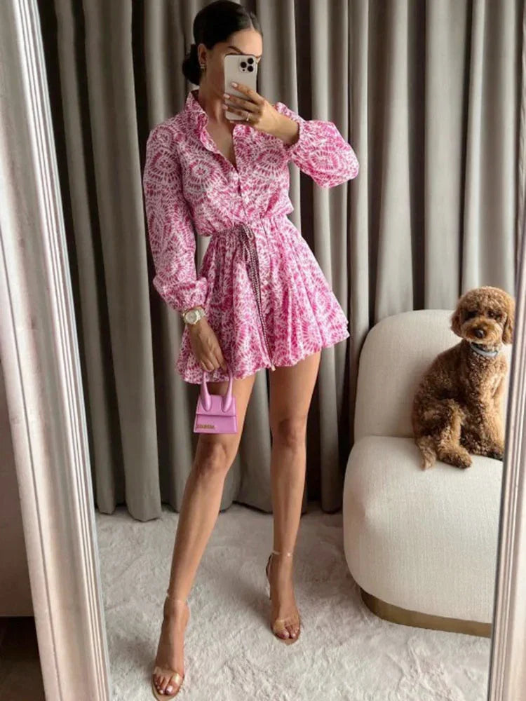 Women's Fashion Paisley Floral Printed Belt Mini Shirt Dress Elegant And Sweet Dresses Sexy Long Sleeve Dresses