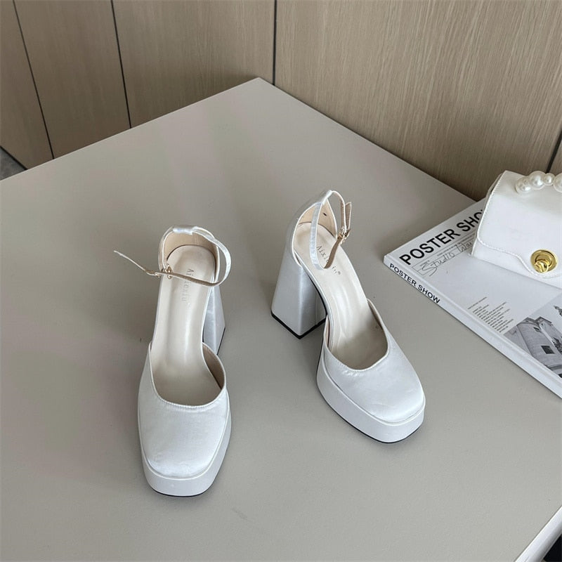 New Silk Wedding Party Women Pumps Sandals Punk Style Platform Buckle Strap Thick Square High Heels Shoes