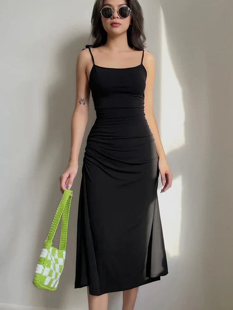 lovwvol Fashion Strappy Ruched Sexy Black Dress Irregular Elegant Backless Long Dress Party Summer Dresses Women Clothes