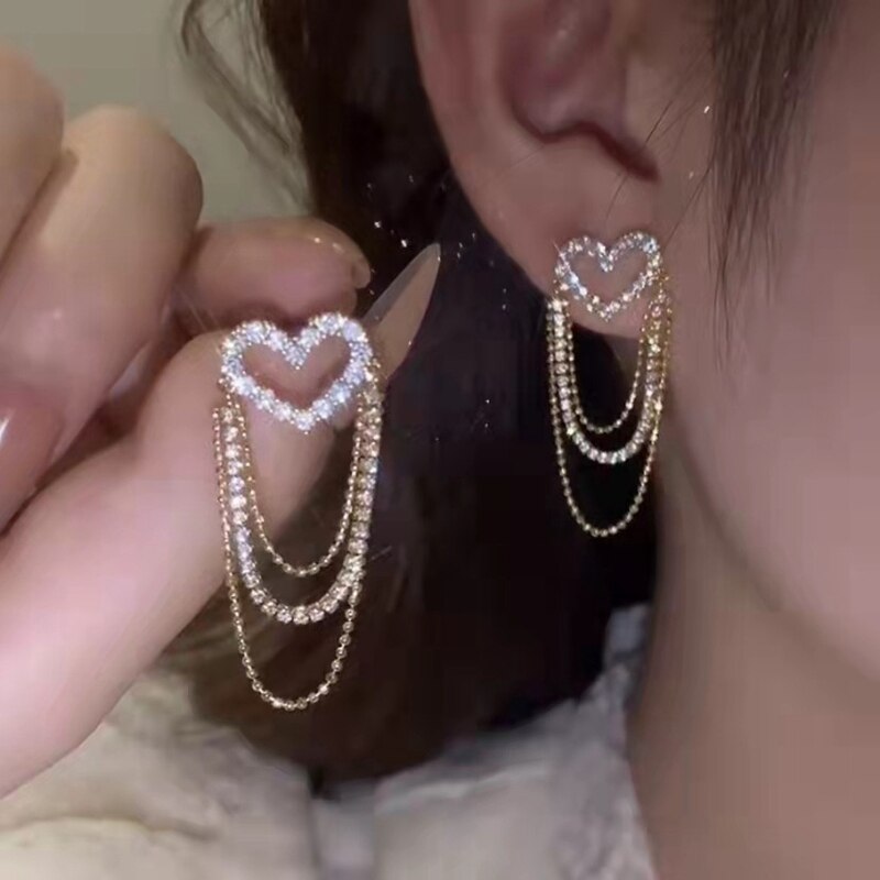 New Metal Heart-Shaped Pearl Earrings For Women Korean Fashion Back Hanging Earring Girls Shiny Zircon Exquisite Jewelry