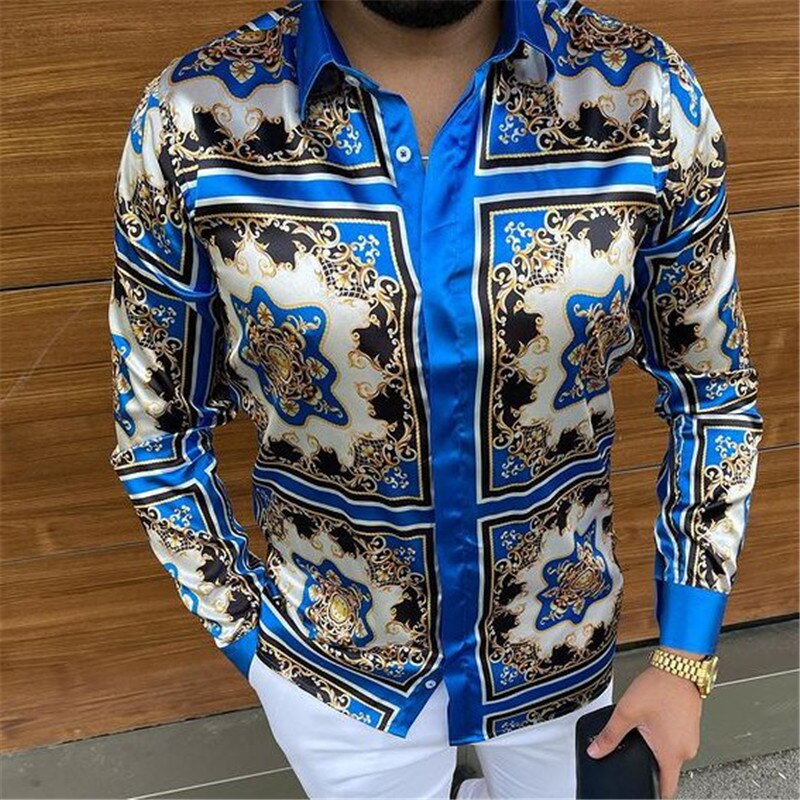 lovwvol Men Printing Shirt Long Sleeve Turn Down Collar Streetwear Ethnic Style Tops Button Casual Tideway Camisa Masculina