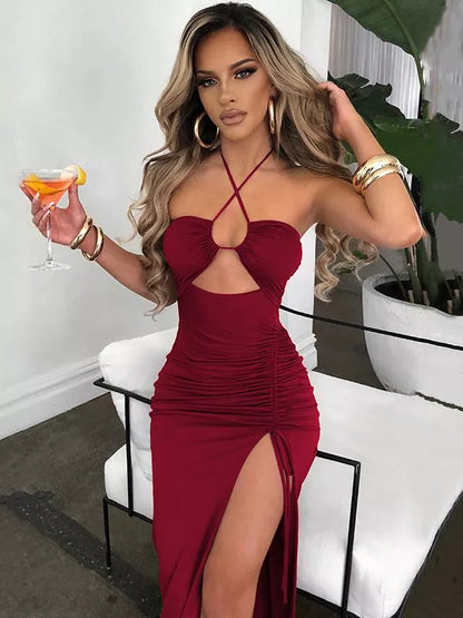 Hot Summer Sexy Halter Backless Sleeveless Cut Out Maxi Dress for Women Elegant Club Party Slit Dresses Vestido