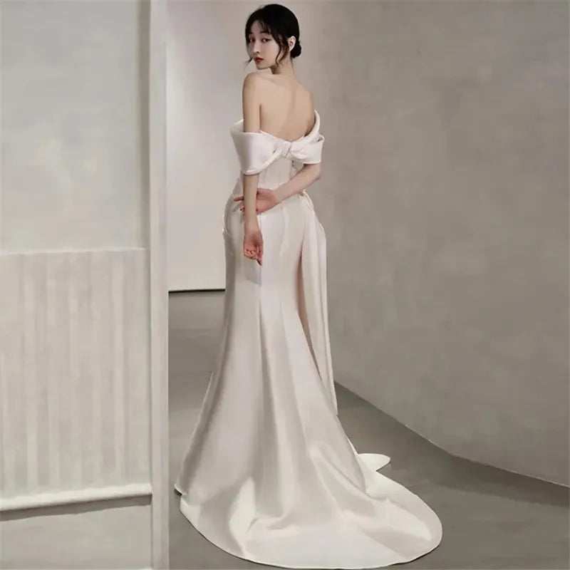 lovwvol Off-The-Shoulder Satin High Split Twist Front Train Dresses For Wedding pin page