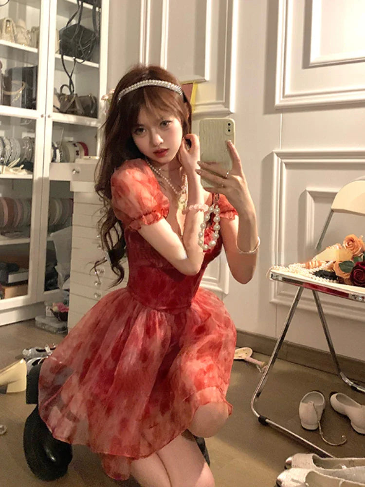 lovwvol Sweet Floral Fairy Short Party Dress Female Elegant French Red Y2k Mini Dress Summer Kawaii Clothing Lolita Dress Lace Chic