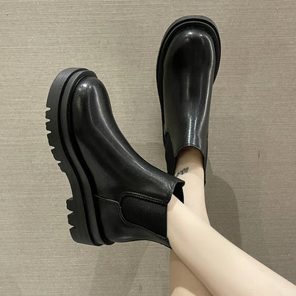 Black White Platform Chelsea Boots for Women 2023 Autumn Thick Bottom Pu Leather Ankle Boots Woman Slip On Short Botas Shoes