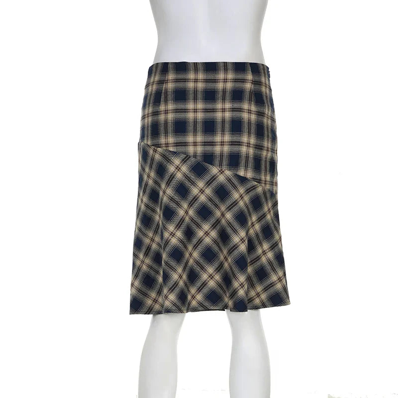 lovwvol Vintage y2k England Style Midi Skirt Japanese Korean Chic Plaid Skirt Women Stitched Bottoms Preppy Checkered Outfits