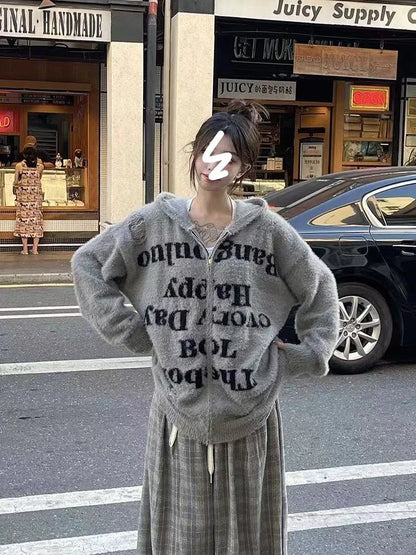 lovwvol  -  Y2k Vintage Streetwear Hollow Out Coats Knitted Grunge Loose Letter Print Hole Hoodies All Match Casual Harajuku Women Cardigans