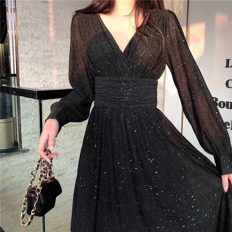 lovwvol Vintage Sexy Maxi Dresses for Women Party Sequin Midi Dress Female Casual Chiffon Slim Korean Woman Dress Elegant Autumn