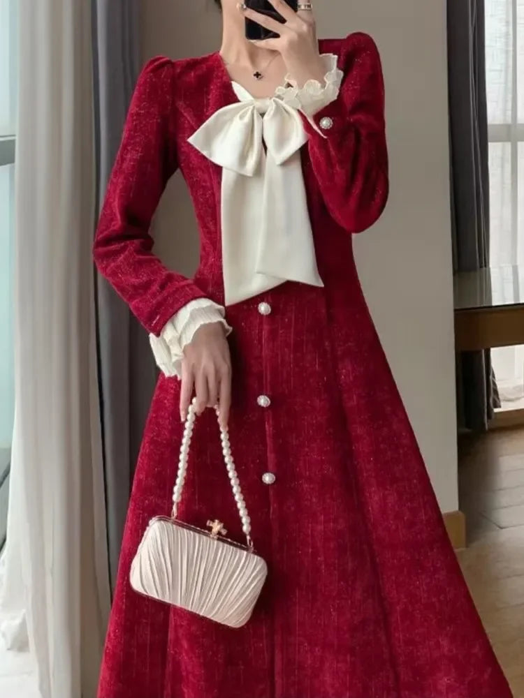 lovwvol Vintage Red Wedding Party Midi Dresses for Women Autumn New Elegant Chic Birthday Evening Prom Long Sleeves Female Clothing