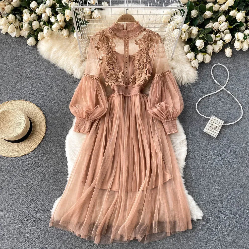 Ladies Dress Three-dimensional Flower Hook Mesh Temperament Stand Collar Lantern Sleeve High Waist Slim Female Dresses