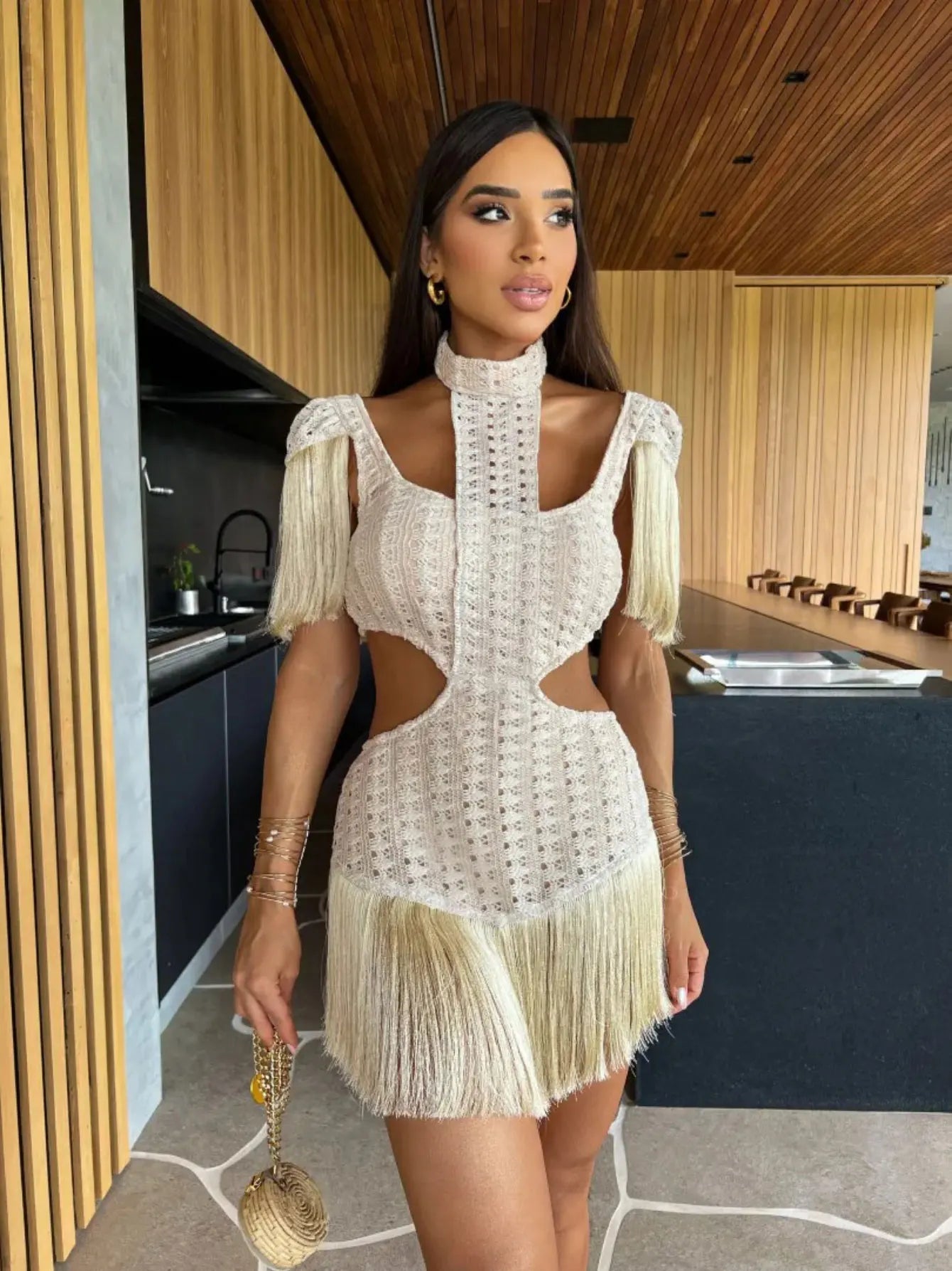 lovwvol Sexy White Lace Women Dress Turtleneck Tassel Sleeve Slim Naked Waist Hollow Out Long Dress Summer Beach Female Knit Robe