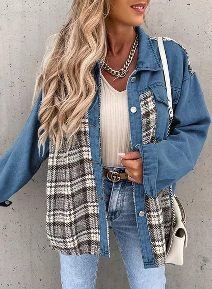 lovwvol  -  New Autumn Women Button Coat Spring Irregular Tops Outwear Mujer Vintage Fashion Plaid Print Patchwork Denim Jacket Elegant