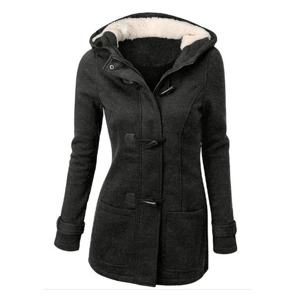 Hooded Cotton Blend Classic Horn Leather Buckle Coat Jacket Cotton Coat Women