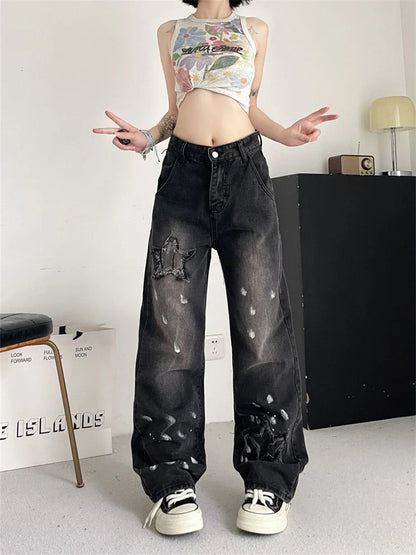 lovwvol Women's Star Splash Ink Design Unisex Jeans Street Summer Trousers Young Girl Street Bottoms Female High Waisted Denim Pants