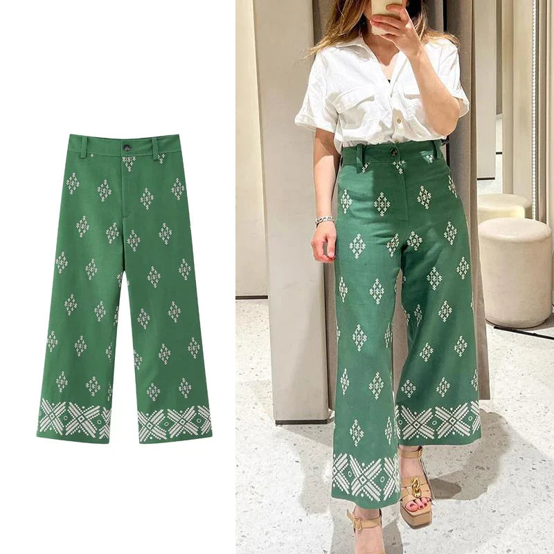 lovwvol Vintage Ethnic Floral Embroidery Wide Leg Pants for Women Casual High Waist Linen Cotton Pant Summer Boho Beach Trousers