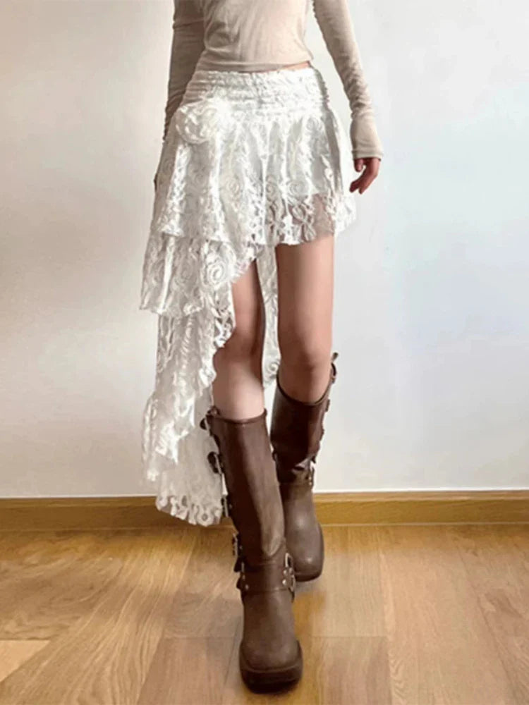 lovwvol Women's White A-line Lace Rose Skirt Vintage Aesthetic Y2k Mini Skirt Harajuku Korean Streetwear Skirt 2000s Clothes Summer 2024