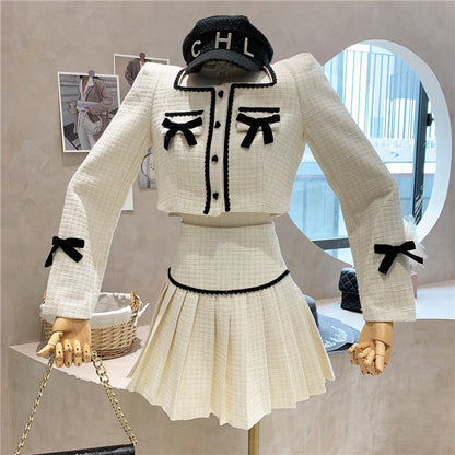 Small Fragrance Tweed 2 Piece Set Women Bow Short Jacket Coat + Skirt Suits Korean Sweet Outfits French Vintage Two Piece Sets