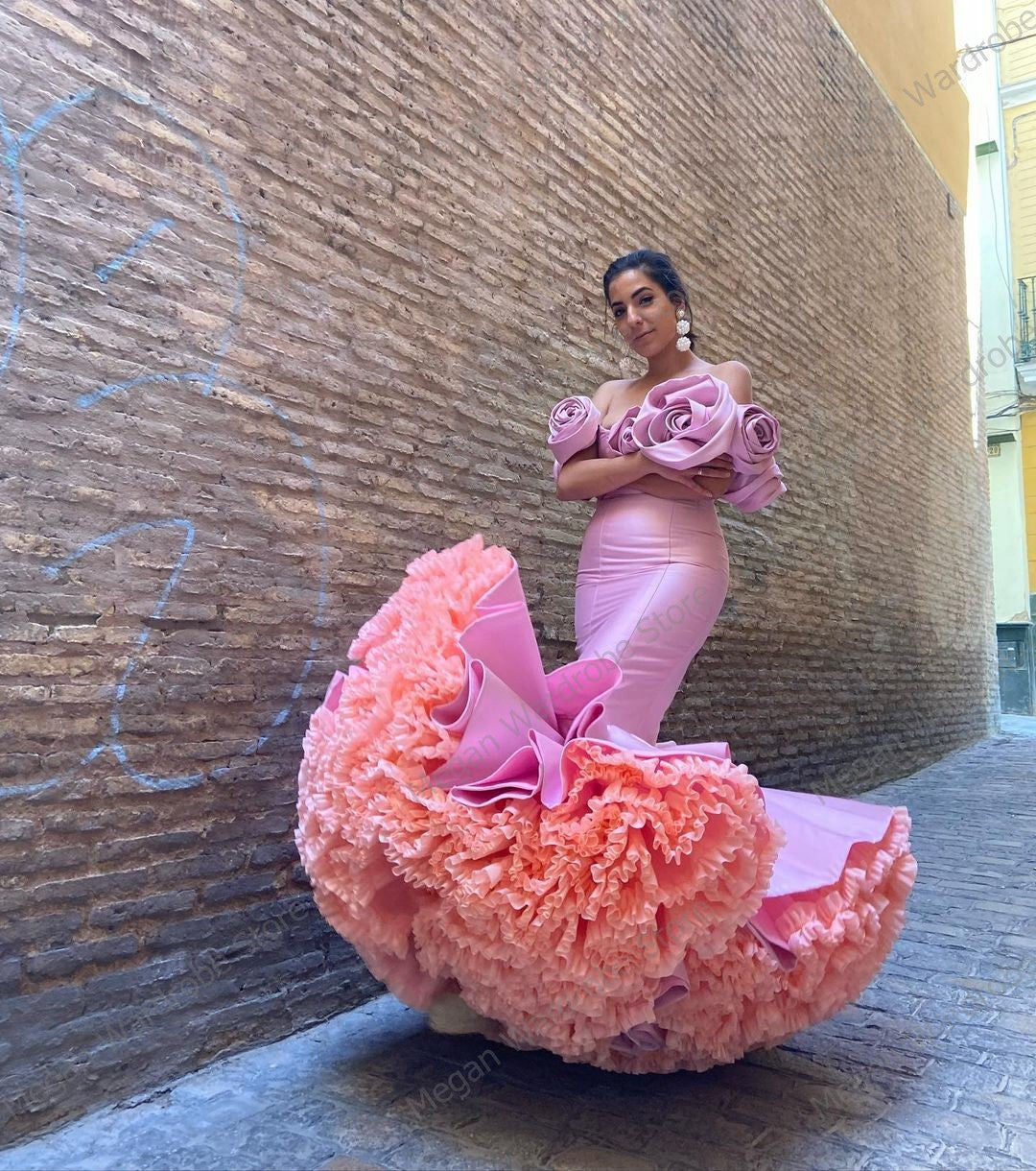 Traditional Sweet Pink Satin Spanish Style Prom Dress Elegant Ruffled Pleated Tulle Mermaid Dresses Floral Off Shoulders Gowns