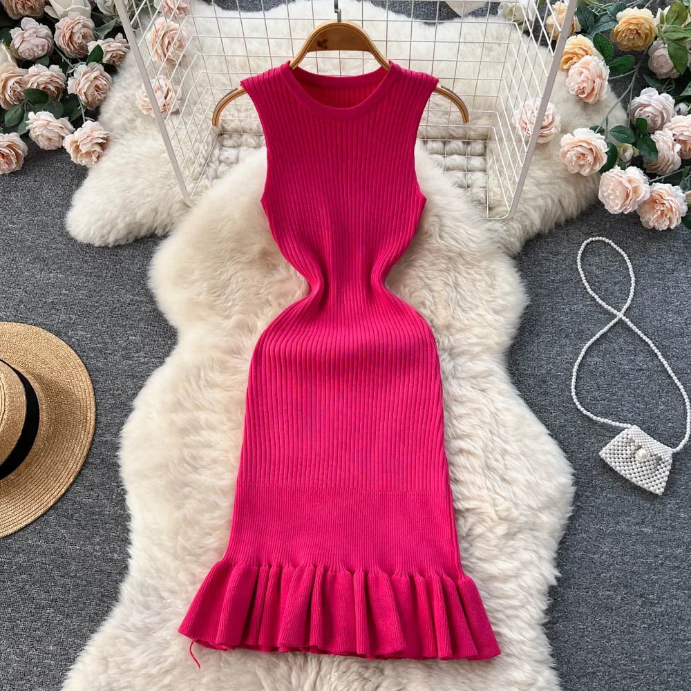 Summer Knitted Bodycon Sexy Dress  O Neck Sleeveless Ruffled Party Sundress High Street Elastic Slim Short Dress