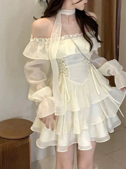 lovwvol Long Sleeve Elegant Mini Dress Lolita Pure Color Short Party Dress Woman Casual