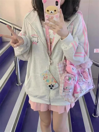 lovwvol Harajuku Kawaii Gray Zip Up Hoodie Women Japanese Y2K Cute Striped Sweatshirt Korean Style Preppy Style Sweet Girly Jacket