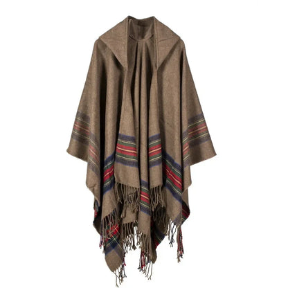 lovwvol Fringed Stripe Jacquard Knit hooded cloak Women Shawl Cape Cardigan Winter Warm Vintage Scarves Ponchos Scarf Outwear