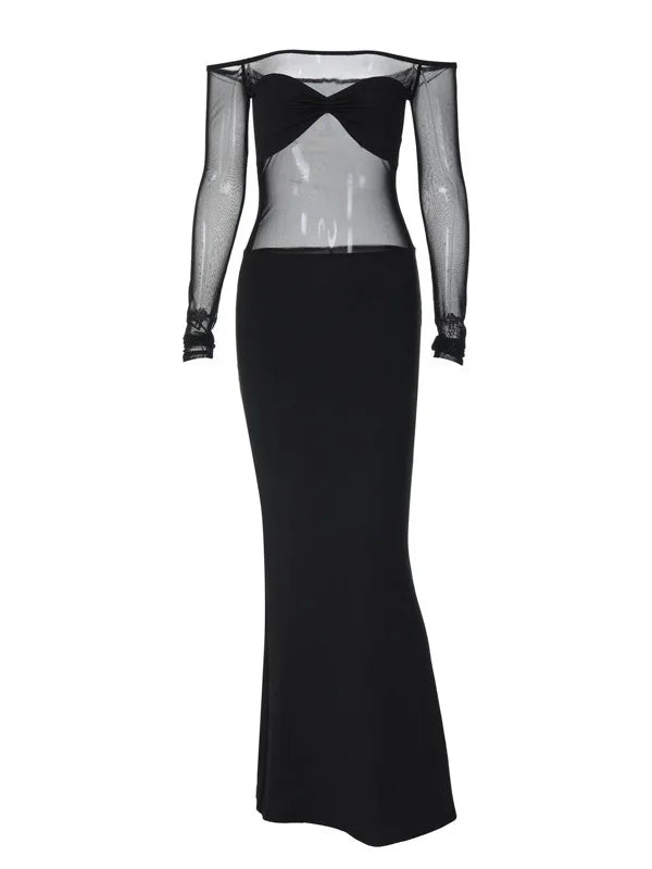 See Through Patchwork Strapless Long Sleeve Evening Maxi Dress For Women Sexy Slim Sheer Solid Outfits Party Clubwear