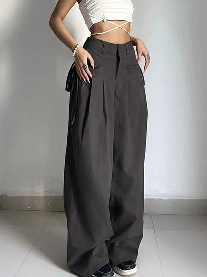 lovwvol Shirring Vintage Wide Leg Pants Women Gray High Waist Y2k Streetwear Casual Suit Pants Korean Loose Office Lady Trousers