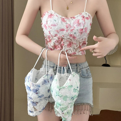 lovwvol Lace Crop Top Women Rose Floral Bra Mesh Tube Top Beauty Back Bra Seamless Cami with Chest Pads Sexy Tank Top Sweet Lingerie