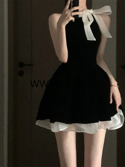 lovwvol Sexy Dress Woman Bow Bandage Sleeveless Slim Patchwork Black Mini Dresses Puffy Elegant Vintage Ladies Summer Fashion Chic