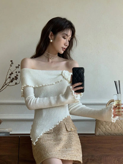 lovwvol Korean Fashion Off Shoulder Sweater Women Fairycore Aesthetic Knitted Jumper Mujer Chic Elegant Long Sleeve Top Spring