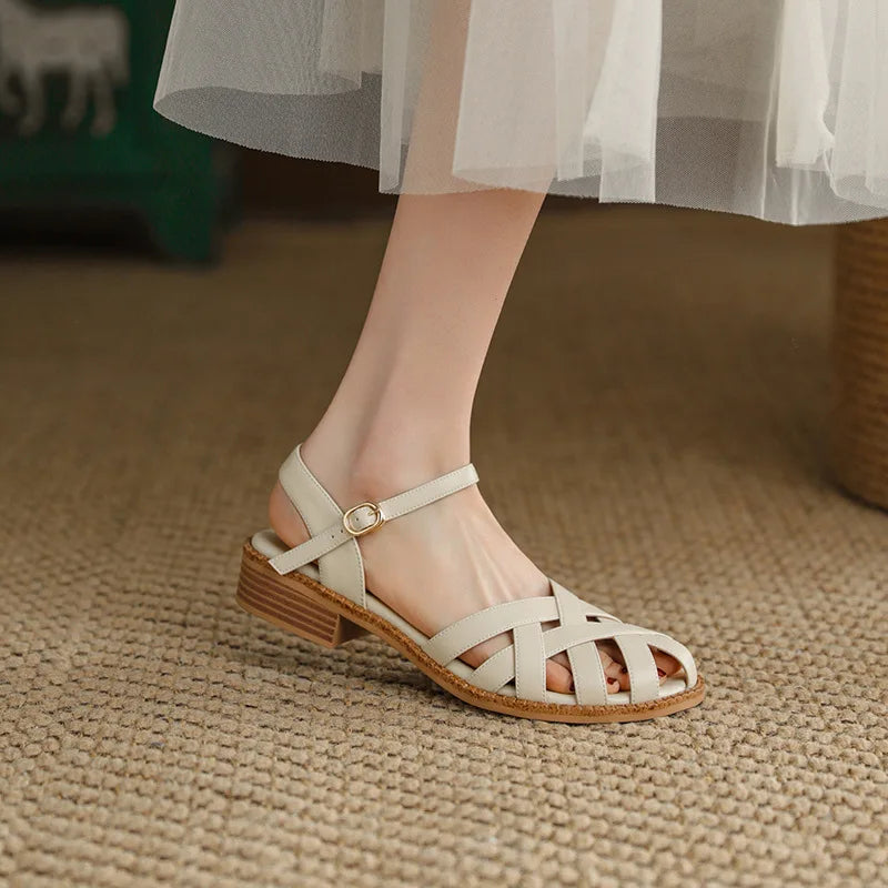 Sandals Retro Woman Shoes Block Heels Suit Female Beige Breathable New Original Chunky Summer Black Girls Low Closed Gladia