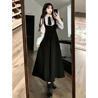 French Hepburn Style Suspender Dress Women's Spring and Autumn New Style All-match Waist Slimming Design Shirt Two-piece Skirt