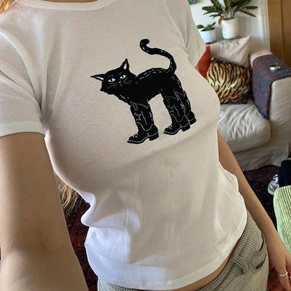 lovwvol Women T-Shirt Funny black Cat Print Slim Graphic Gothic Summer Korean Fashion Cute Baby Tee Harajuku Vintage Women's Streetwear