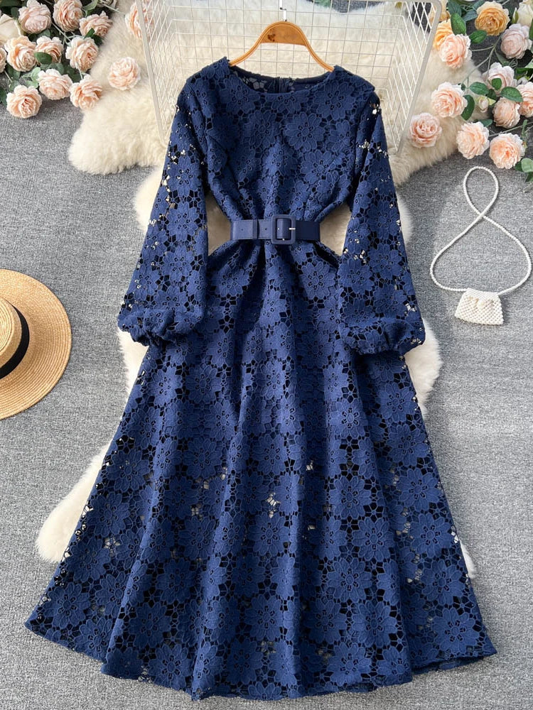 lovwvol Spring Autumn Women Hook Flower Hollow Party Long Dress Vintage Round Neck Puff Sleeve High Waist A-Line Maxi Vestidos New 2024