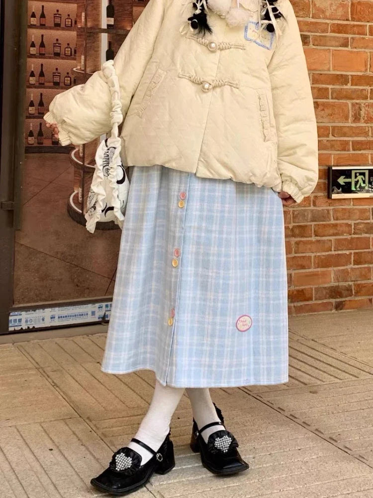 Kawaii Plaid Skirt Women Winter Elastic Waist A-line Button Patchwork Cute Blue Woolen Long Skirt Harajuku Fashion