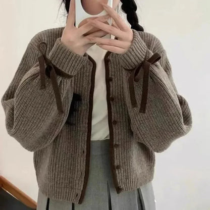 lovwvol Korean Style Gray Knitted Cardigans Youthful Woman Vintage Casual Cozy Sweaters Harajuku Aesthetic Outerwears Autumn