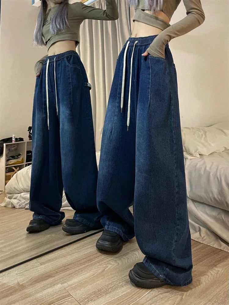 lovwvol Women Vintage Baggy Jeans Y2K Elastic High Waist Oversized Streetwear Trouser Denim Wide Leg Straight Basic Pants Spring