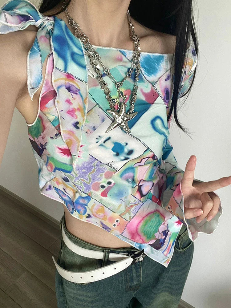 Sweet Gyaru Y2k T Shirts Grunge Aesthetics Irregular Lace Up Design Crop Tops Summer Female Slim Skew Collar 2000s Girl Clothing