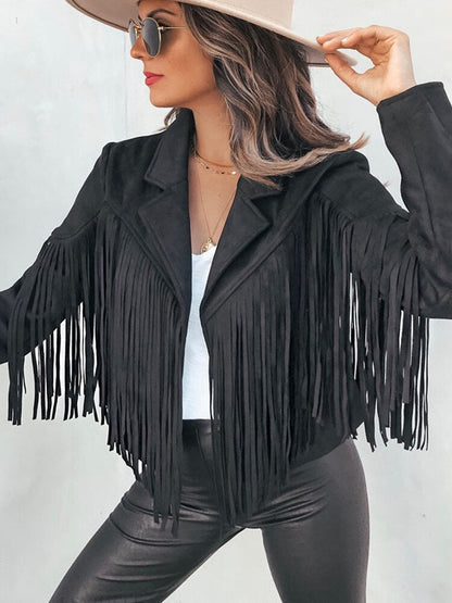 Fringe Faux Suede Jacket Women's Motorcycle Lapel Handsome Jacket Fall 2023 Ladies Solid Fringed Short Coat Women Jackets A2008