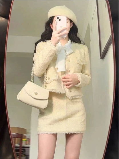 Korean Style Women's Suit Jacket Skirt Set Autumn and Winter High-end Temperament Office Lady Tweed Suit Top Skirt Two-piece Set