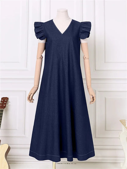 lovwvol Vintage Blue Denim Dress Women Summer Sleeveless V Neck Long Dresses Female Oversized Loose Casual Simple Vacation Maxi Dress