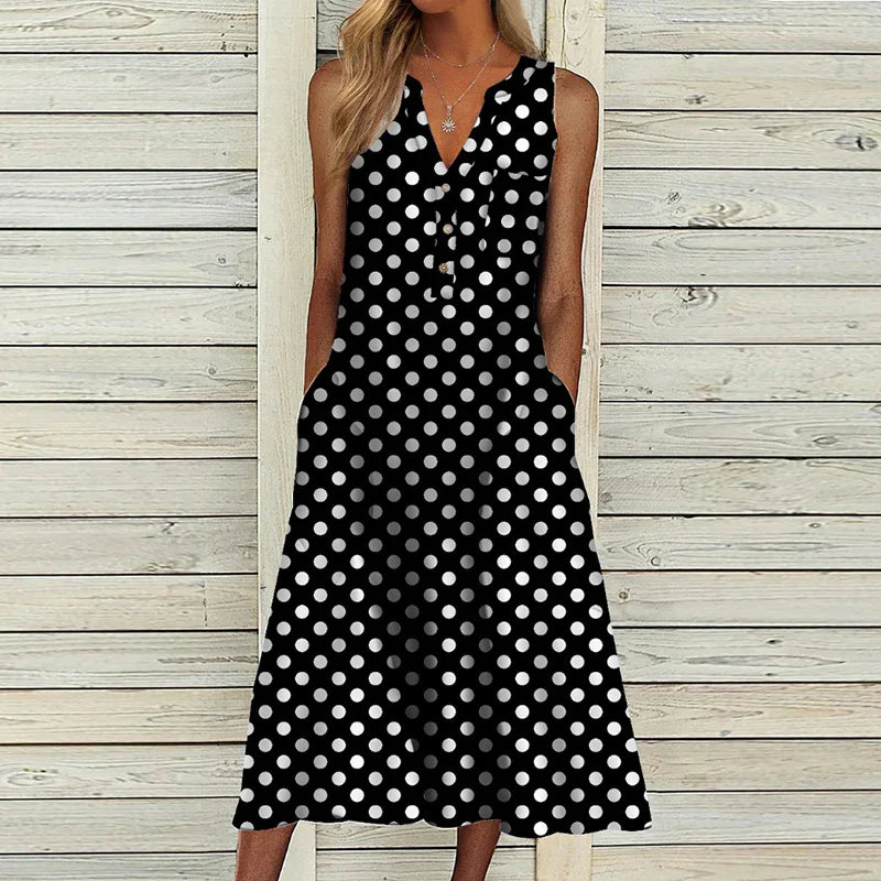 lovwvol Summer Dress Women V Neck Sleeveless Pocket Button Loose Maxi Dresses Vintage Print Party Dress 2024 A-Line Beach Dress